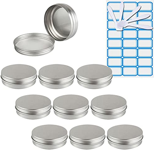 ZEOABSY 10 Stück Leere 100 ml Rund Silber Aluminium Tins mit Schraub-Deckel Schraubdose Cremedose Alu-Tiegel Dosen Aludose Blechdosen für Kosmetik Kerze Salben 5X Spatel, 1x Etikette