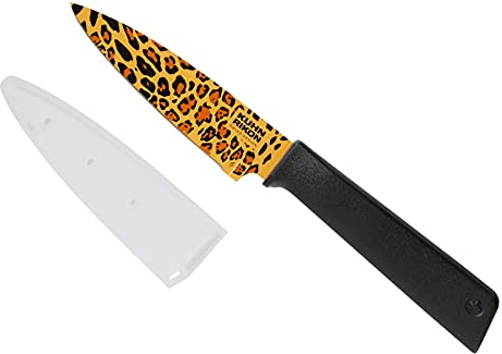 KUHN RIKON Colori+ Non-Stick Straight Paring Knife with Safety Sheath, 19 cm, Leopard, 28604