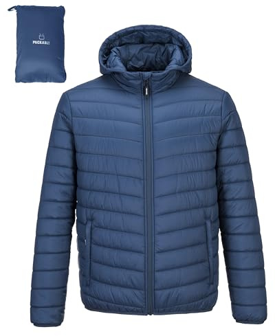 Outdoor Ventures Bufferjacka för män, lätt, vattentät huvjacka, isolerad puffrock, packbar vinterjacka för män med fickor för vandring, camping, resor, Marinblå, L