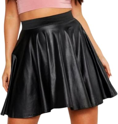 OgLuxe Mini jupe patineuse évasée en similicuir effet mouillé pour femme Taille 36-54, Noir , 48 FR/50 FR/Grande taille