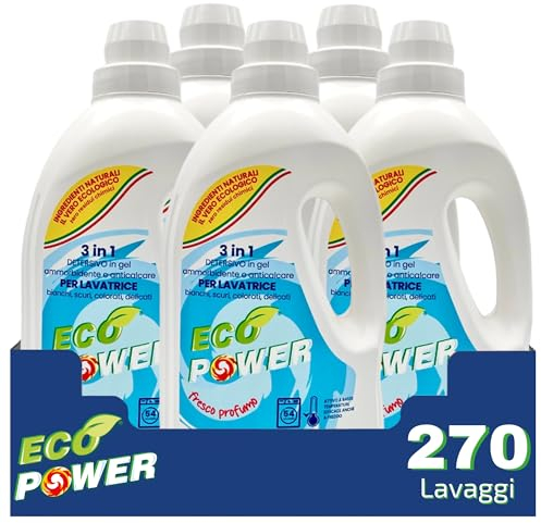 EcoPower - Detersivo Lavatrice Liquido 3 in 1-270 lavaggi (5x54) - Ammorbidente e Anticalcare - Delicato sui Tessuti - Rimuove Macchie Ostinate e Ravviva i Colori - 1920 ml x 5 Confezioni