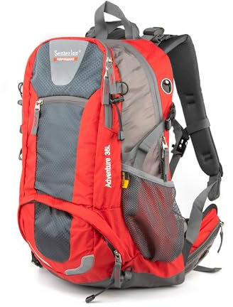 Senterlan Trekkingrucksack 38L Damen und Herren, Netzrücken Belüftung, Intergriertes Raincover (Rot)