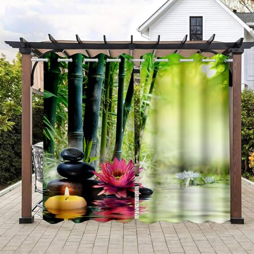 Hiseng Rideaux D'extérieur Imperméables 2 Piece Paysage 3D Occultant Rideaux Solation Thermique Anti Chaleur Protection UV pour Pergola Jardin Tonnelle Terrasse Balcon (137x203cm,Fleur de Lotus)