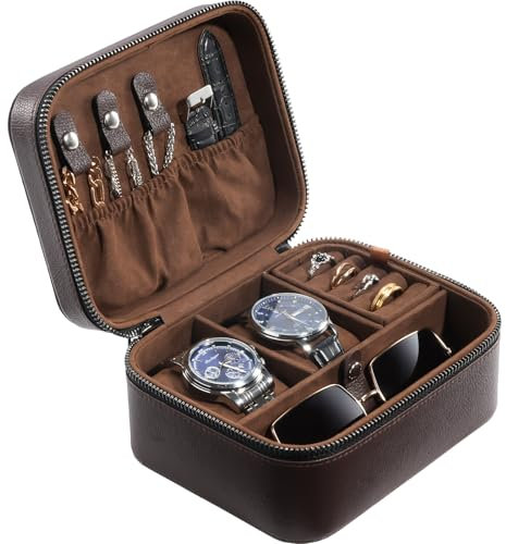 ProCase Porta Orologi da Viaggio, Scatola per Orologi in Pelle PU Portagioie Uomo, Portatile Cofanetto Orologio Custodia Organizer per Uomo/Donna -Marrone/2 Slot