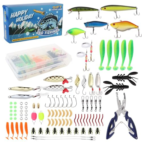 OriGlam Juego de señuelos de pesca, señuelos de plástico suave, cebos giratorios, gusanos de plástico suave, anzuelos, anzuelos, kit de aparejos de cebo, equipo de pesca para lubina, trucha, salmón