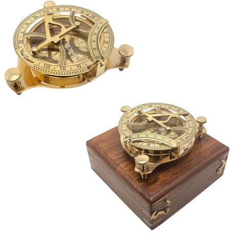 Calyron Bussola Sundial in ottone con scatola di legno, design antico, strumento nautico