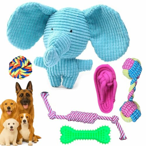AloMuGar® | Pack de 6 Juguetes para Mascotas | Peluche + Pelota + Hueso + Sandalia + Cuerda + Mancuerna | Alivio de Ansiedad y Entretenimiento para Mascotas [Interior/Exterior]
