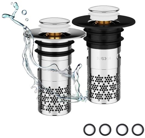 Pop-up Abflussstopfen mit 3-Stufen-System | 2 Stück Messingkern ABS & Edelstahl | Doppelte Silikondichtung + Sieb | Für 33-40 mm Waschbecken (Schwarz + Silber)