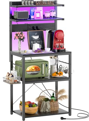 iSunirm Estantería de Cocina con enchufes,Organizador de Cocina con Luces LED,Soporte para microondas con 5 estantes 6 Ganchos,60x40x147cm,Negro