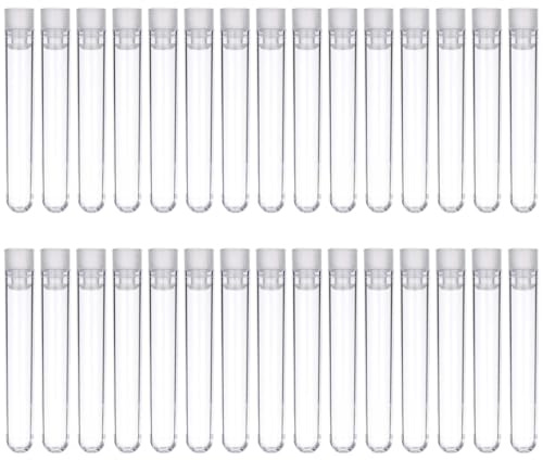 Lot de 30 tubes à essai en plastique transparent avec bouchons, tubes à essai de laboratoire pour cadeaux de fête, mariages, plantes, bonbons, épices, échantillons (blanc, 15 x 100 mm).