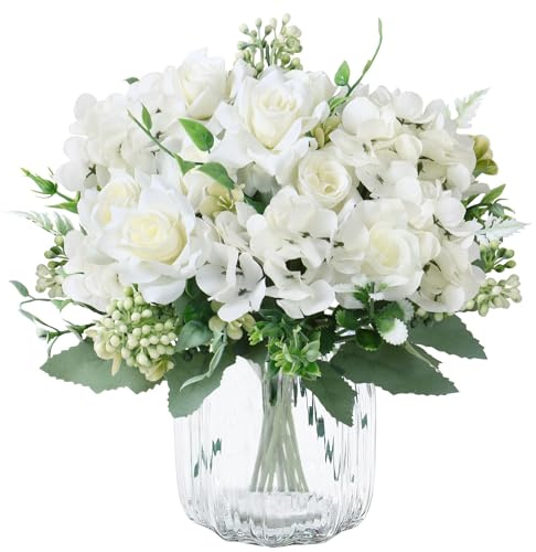 SOMYTING 3 buketter rosa konstgjorda blommor, fuskros silkesbukett (vit) | Konstgjorda blommor sidenblommor falska rosor bukett för bröllopsfest bord bordsuppsatser blomsterarrangemang heminredning