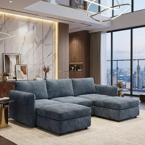 Miuuod Canapé modulaire 5 places en forme de U avec ottomans de rangement, convertible cadre en bois massif et coussins haute résilience, grand canapé modulaire moderne