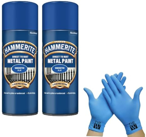 Hammerite Direct to Rust Metal Spray Paint Smooth Blue 400ml Twin Pack + Free Nitrile Gloves | Fast-Drying Aerosol, Durable Rust Protection for Indoor & Outdoor Metal