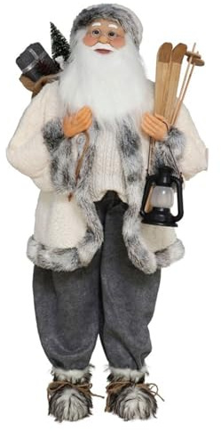 Acan Tradineur - Figura de Papá Noel con esquís, poliéster y plástico, Santa Claus de pie, decoración Festiva, Adornos Navidad, escaparates, hogar (Gris - 110 cm)
