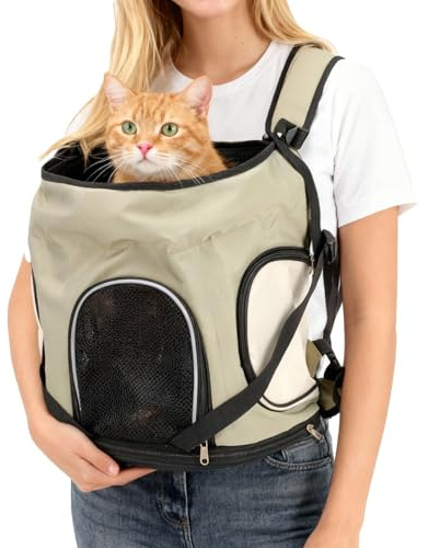 Dog Front Carrier for Small Cat Puppy, Carriers Dogs Backpack Travel Hiking Waterproof Lightweight Pet Bag Padded Bottom Mat Zip with 2 Pocket Machine Washable Comfortable Suitable 8-19 Pounds Cream