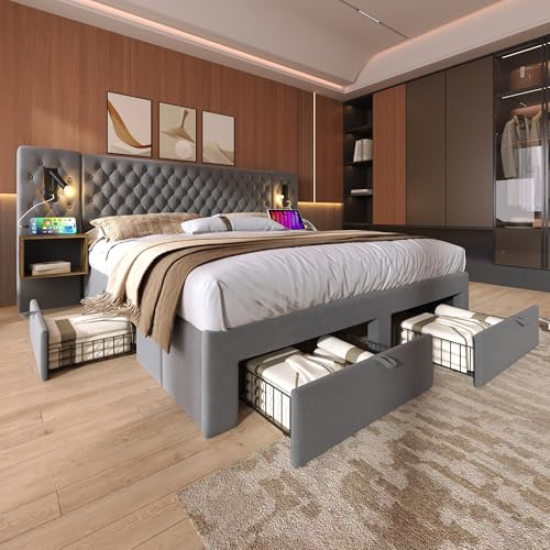 YAIXBNG Sängsystem, sovrum, komplett set, klädsel, dubbelsäng, 160 × 200 cm med 2 sängbord och 4 lådor, huvudgavel, lä med USB-laddningsfunktion, grå, sammet (utan madrass)