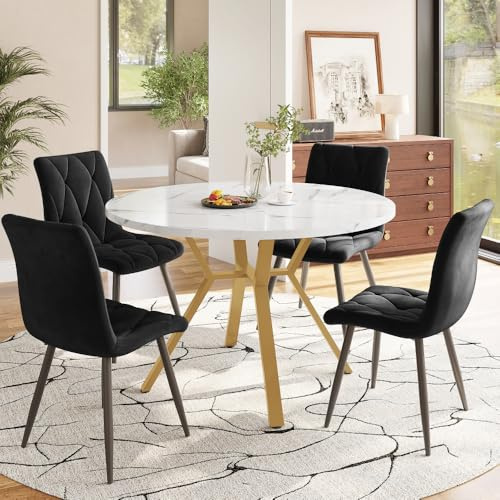 MUZHIXIANG Matgrupp med runt bord och fyra stoppade stolar, bekvämt matbord stol set med ergonomiska sammetsstolar för kök matsal lägenhet (svart + gyllene + MDF + stål)