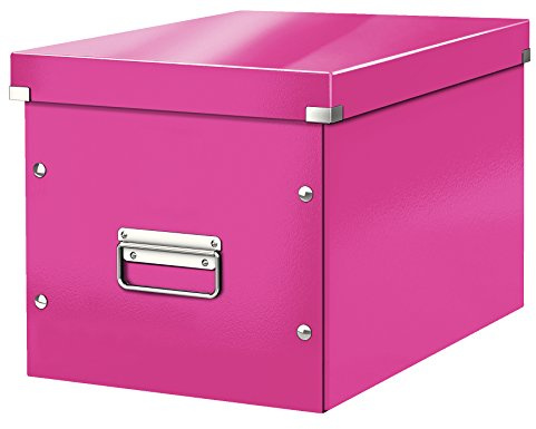 Leitz Click & Store Aufbewahrungsbox mit Deckel Groß, Würfelbox passend für Kallax Regale in Wohnzimmer oder Büro, Box aus 80 % recycelter Premium-Hartpappe, Stabile Metallgriffe, Pink, 61080023