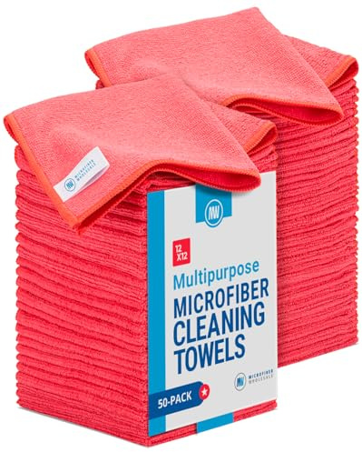 12 x 12 Microfiber Cleaning Cloths (50 Pack) - Reusable Towels, Wash Rags, Dust Cloth, All-Purpose: Kitchen, Dish, Cars, Shop, Glass (Red)