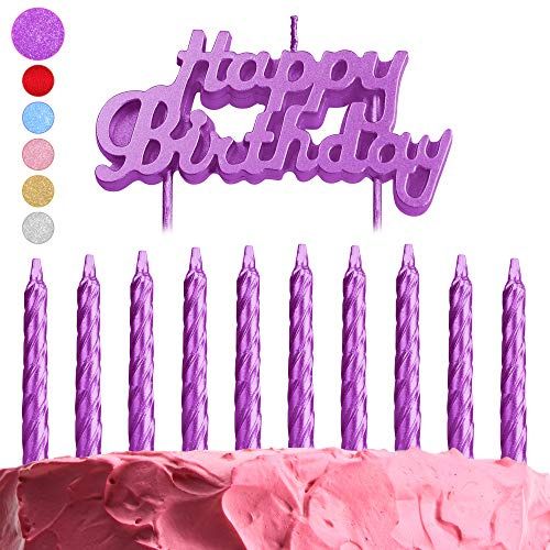 GET FRESH Purple Glitter B-Day Birthday Candles 10-Pack Spiral Metallic and Happy Birthday Letter Cake Toppers