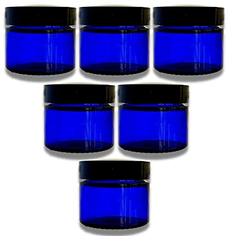 Avalon BLUE GLASS 50ml 2oz JAR with Airtight Black Urea Lid - Empty, Refillable Cobalt Blue Glass Jars for Cosmetics, Candles, Aromatherapy Blends, Herbs, Spices and more (Pack of 6)
