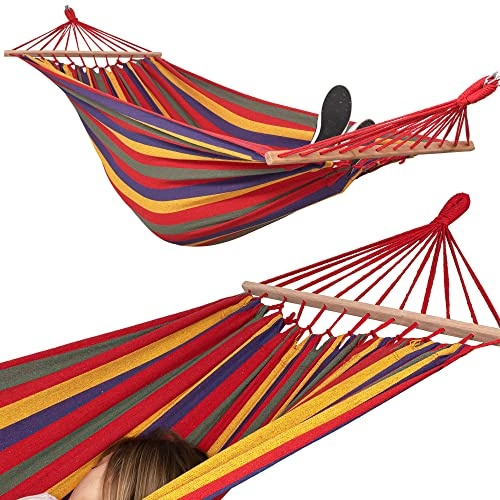 SPRINGOS Hamac double XXL 210 x 150 cm Baguette d'écartement en bois coton Charge max. 200 kg Pour l'intérieur et l'extérieur