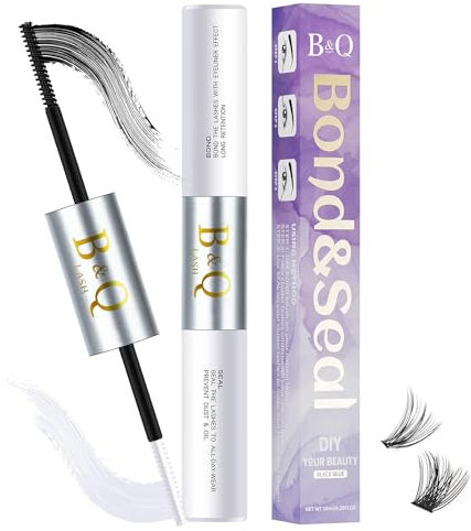 B&Q Lash Bond & Seal 10ML for Clusters - Waterproof, Long-Lasting Eyelash Glue Holds 48-72 Hours with Mascara Wand (Black)