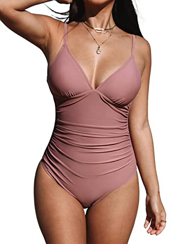 CUPSHE Women Swimsuit One Piece V Neck Tummy Control Ruched Front Low Back Bathing Suit Swimwear Bean Pink L