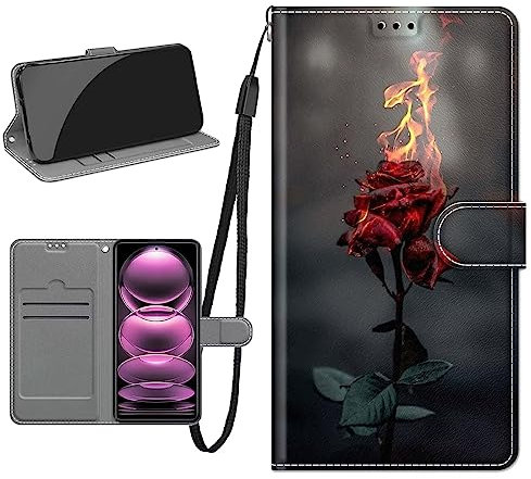 Tivenfezk Nadoli Handyhülle PU Leder für Samsung Galaxy A40,Bunt Bemalt Feuer Rose Blume Trageschlaufe Kartenfach Magnet Ständer Schutzhülle Brieftasche Cover