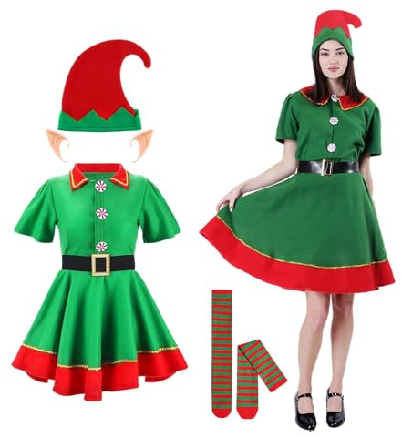 Carnavalife Disfraz Elfo Mujer Duende Navidad, Christmas costume, Conjunto Navidad Adulto y Niños, Traje Ayudante Papanoel (S, Disfraz Elfo Mujer)