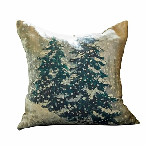 Loberon Kissenhülle Mierta, stimmungsvolles Winter-Motiv, handgefertigt, weihnachtliche Textilien, Weihnachtsstimmung, Weihnachtsdeko, Weihnachten, Leinen, beige/grün