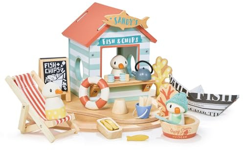 Tender Leaf Toys - Sandy’s Beach Hut - Wooden Toy Seagull Family with Fish and Chips Beach Hut and Accessories - Imaginative Play Set - Develop Creative Storytelling - Fine Motor Skills - Age 3+