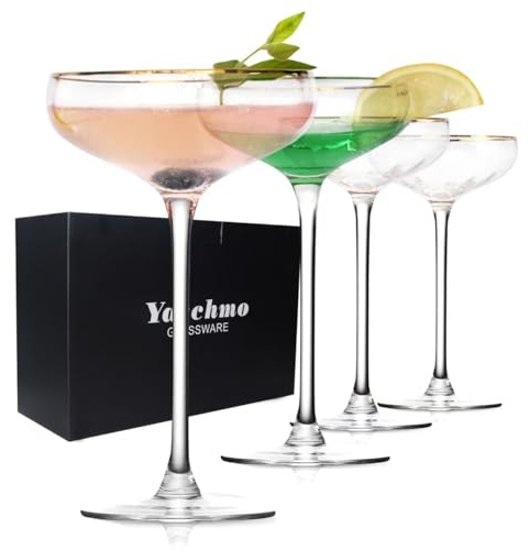 Yaschmo Vintage Coupe Glasses Set of 4, 7.7oz Martini Glasses, Gold Rim