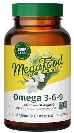 MegaFood Vegan Omega 3 6 9 - Burp-Less Supplement - 600 mg Plant-Based Omega 3 & 150 mg DHA Per Serving - Heart, Brain, Vision & Joint Support - Fish Oil Alternative - 60 Capsules, 30 Servings