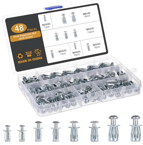 Gueenky 48 Piezas Tacos de Expansión, M4 M5 M6 M8 Tacos Anclaje de Expansion Pared Hueco Tacos Metálicos para Materiales Huecos para Chapa Hierro Chapa Plástico Chapa Aluminio