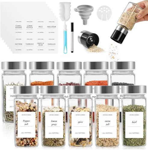 SXTIHD Pots à Épices en Verre Carré, Ensemble de Bocaux à Épices 10×120ml, Moulin à Épices×2 avec Couvercle en Acier Inoxydable, Étiquette