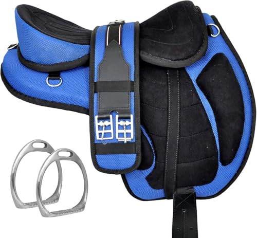 ADB CREATIONS All Purpose Pony and Adult Synthetic Treeless Freemax English Horse Saddles Size with Matching Girth & Aluminum Stirrups 10 to 18 Inch Seat (Blue, 18 Inch)