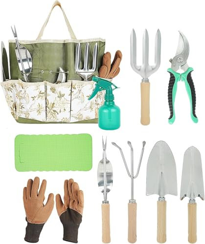 Gardening Tools Set, 10 Pieces Garden Hand Tool Gift Kit,Garden Tool Kit with Outdoor Hand Tools,Stainless Steel Hand Tools Gift Kit with Heavy Duty Tool Bag, Gardening Gifts for Women & Men (Red)