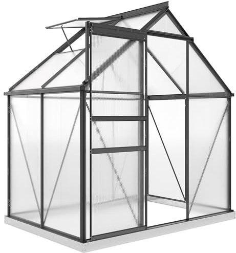 Outsunny 6 x 4ft Polycarbonate Greenhouse, Large Walk-In Greenhouse with Adjustable Roof Vent, Garden Green House with Galvanised Base, Sliding Door and Rain Gutter, Grey