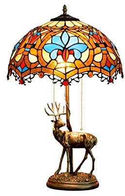 Baroque Table Lamp, Stained Glass Shade Decorative Bedside Lamps, 2- Lights Resin Elk Base Desk Lamps for Bedroom, Living Room，Office