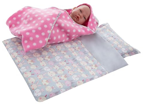 Rakki Dolli 18 Inch Baby Doll Bedding Accessories, 3 Pcs Baby Doll Bedding Set with Blanket/Swaddle, Comforter and Pillow, Purple Bunny Print