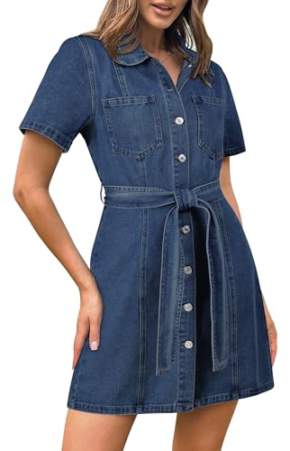 Jeansklänning dam sommar, kortärmad button down casual elegant denimskjorta klänningar med fickor, blå, S