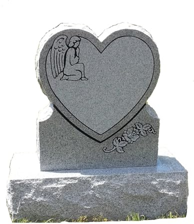 Upstate Stone Works Heart Cemetery Memorial Headstone Die and Base, Two Design Options | Custom Engraved Gray Granite Upright Monument | Polished Die with Matching Base for Grave