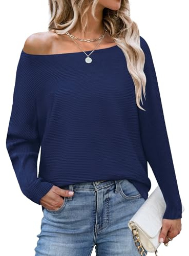 Elesomo Ladies Batwing Jumper Oversized Boat Neck Long Sleeve Soft Knit Casual Sweater, Navy Blue S-M