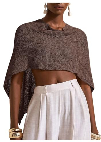 Milumia Women's Cowl Neck Knit Poncho Shawl Asymmetrical Crochet Swimsuit Cover Up Tops Brown Medium