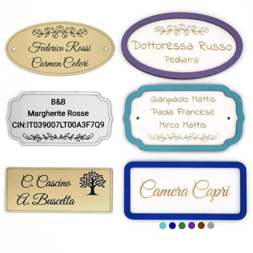 RIVA Targa Porta Ingresso Personalizzabile, Targa con Nome in Laminato Plastico (Oro e Argento) o in Legno con Cornice Colorata. 3 Forme diverse. Fissaggio Adesivo o con Viti