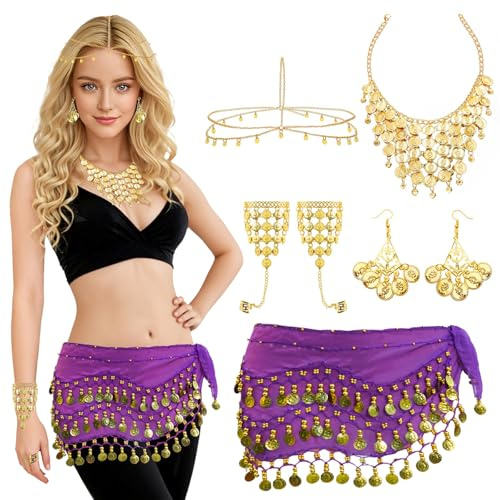 Baisdan 7 Pezzi Cintura di Danza del Ventre Donna Set, con Monete d'oro Orecchini, Collana, Braccialetti, Copricapo, Sciarpa Danza del Ventre per Halloween, Carnevale, Spettacoli Viola