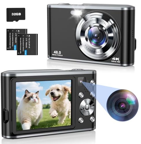 Cámara Digital 4K Ultra HD 48MP, Cámara de Fotos con Doble Lente, Zoom 16X, Tarjeta SD 32GB y 2 Baterías, Cámara Vlogging Portátil para Principiantes