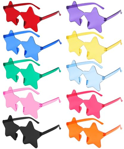 SelfTek 10 Pack Star Glasses - Star Shaped Sunglasses Rimless Novelty Pentagram Party Glasses Multipack Transparent Colorful Fashion Funky Eyewear for Women Men