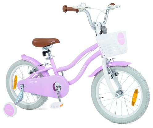 COSTWAY Bicicletta per Bambini, Bici con Doppio Sistema di Freno, Manubrio e Sella Regolabili, Cestino e Telaio in Metallo con Stabilizzatori, per Terreni Diversi (16 Pollici,Viola)